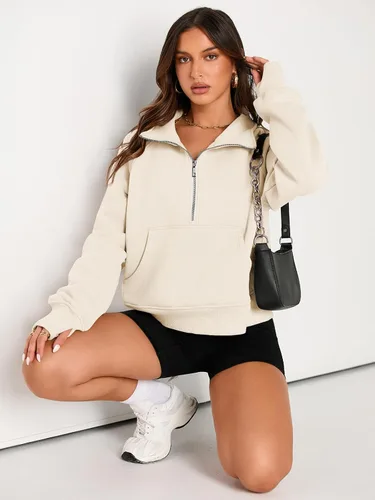 Vista 4 de AUTOMET Sudaderas con media cremallera para mujer, sudadera corta de vellón con cremallera de un cuarto, sudaderas con capucha para el otoño, a