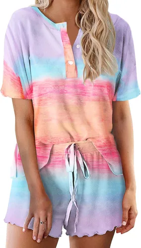Vista 32 de Ekouaer Conjunto de pijamas teñidos con técnica tie dye para mujer, ropa de dormir, 2 piezas, conjuntos de pijamas, ropa de relajación A-tie Dye