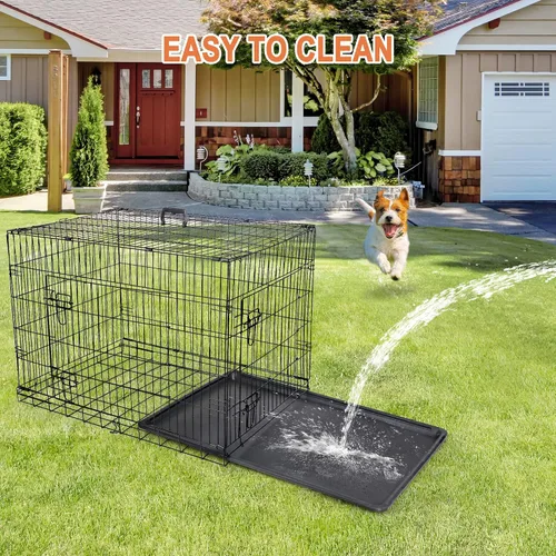 Vista 8 de Jaula de perro de doble puerta de 30/36/42 pulgadas plegable de alambre de metal con bandeja para perros pequeños/medianos/grandes, uso en viajes