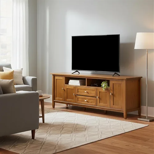 Vista 21 de SIMPLIHOME Warm Shaker - Soporte de TV de madera maciza de 72 pulgadas de Marrón rojizo