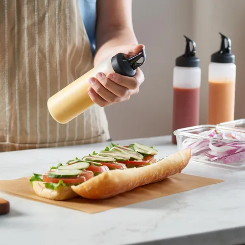 Vista 6 de Paquete de 6 botellas exprimibles para condimentos, botellas de chorro de 8 onzas con tapa a prueba de fugas, botellas de salsa fáciles de verter