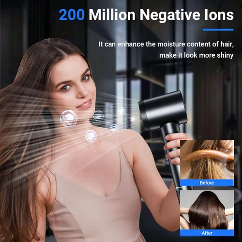 Vista 2 de Secador de pelo, 210000 RPM de alta velocidad con motor sin escobillas, 500 millones de secador de pelo iónico negativo para secado rápido, secador