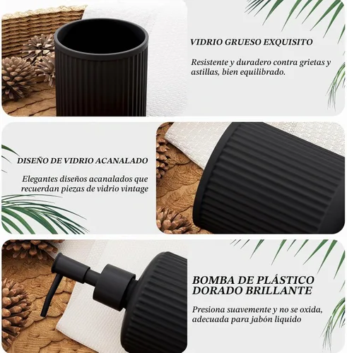 Vista 6 de Juego de accesorios de baño de cristal negro, 5 piezas, dispensador de jabón acanalado vintage, soporte para cepillo de dientes, vaso, tarro Qtip