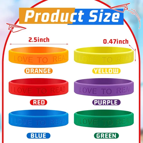 Vista 3 de Jutom 60 pulseras de silicona con texto en inglés "I Love to Read", coloridas pulseras motivacionales para niños, premios de lectura en el aula