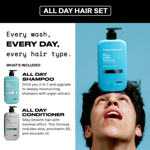 Vista 4 de Hawthorne Juego de champú y acondicionador para hombre todo el día. Champú y acondicionador sin sulfato con aceite de aguacate puro y aloe para un