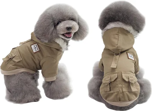 Vista 6 de Gabardina cálida con capucha para perro, resistente al viento, para clima frío (S, negro gris)