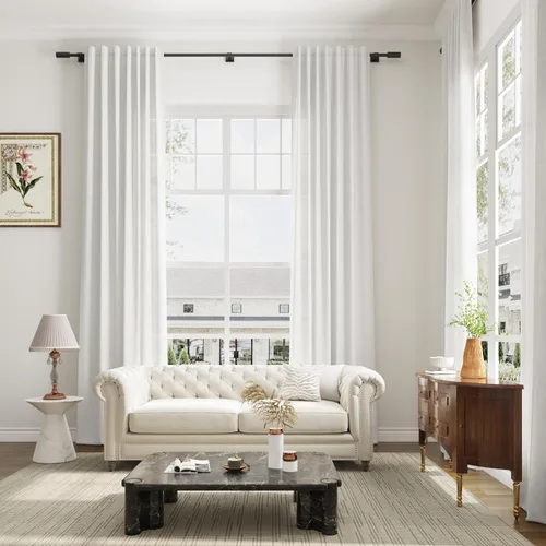 Vista 9 de Cortinas de lino extralargas de 144 pulgadas de largo para sala de estar con pestaña superior, cortinas modernas estilo casa de campo de dos pisos