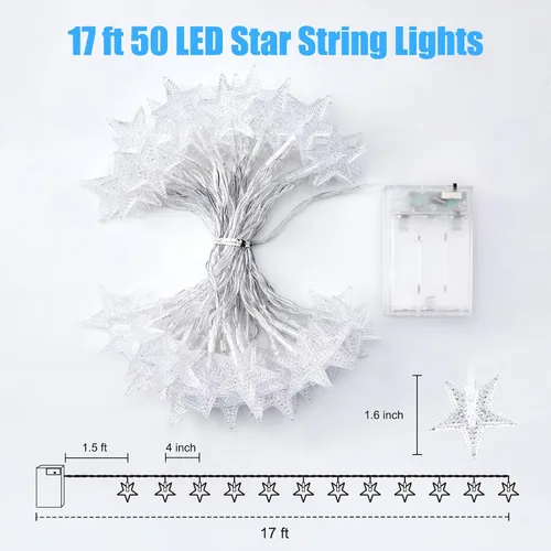 Vista 7 de Minetom - Cadena de luces con forma de estrella operadas a pilas - 5.2 m, 50 luces LED, impermeables, con temporizador, para decoración