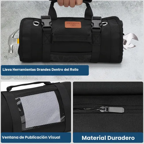 Vista 8 de BAQRAXIA Bolsa de herramientas, caja de herramientas pequeña enrollable, organizador de herramientas resistente con 2 bolsas de herramientas Negro