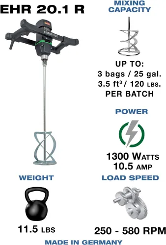 Vista 2 de CS Unitec EHR 20.1 R Set Mezclador de hormigón eléctrico portátil de mano que incluye paleta MG 140, 10.5 Amp, 110 VAC, 900 libras por hora