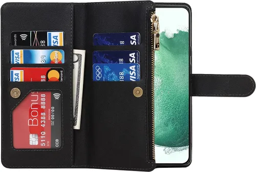 Vista 4 de Cavor Funda tipo cartera cruzada para Samsung Galaxy S22 Plus, color negro Funda de cuero con cierre magnético con cremallera y función atril TPU