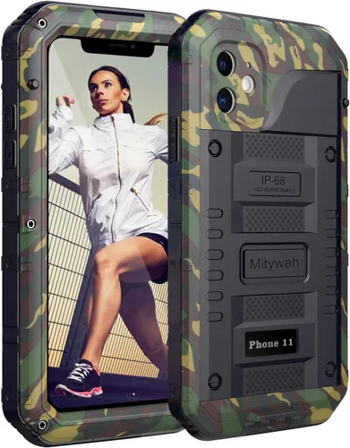 Vista 12 de Mitywah Funda impermeable para iPhone 11, resistente y duradera, de metal, protección de pantalla integrada, impermeable, a prueba de golpes, a Negro