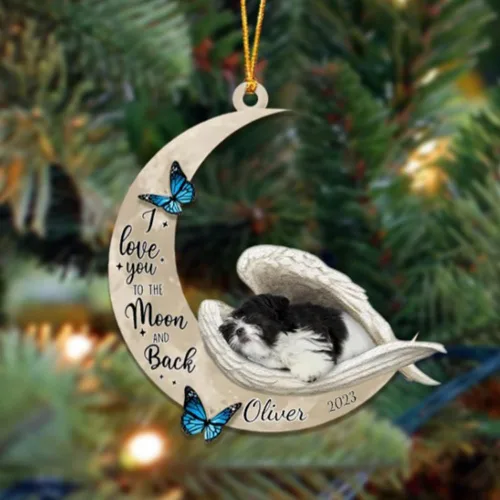 Vista 59 de Adorno colgante personalizado de ángel durmiendo en la luna, perro sabueso afgano, nombre personalizado, acrílico impreso en 2D plano – cumpleaños