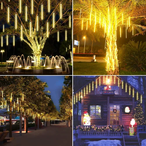 Vista 4 de Paquete de 2 luces de Navidad extensibles para lluvia de estrellas al exterior, cadena de luces de 16 tubos 384 luces LED enchufables