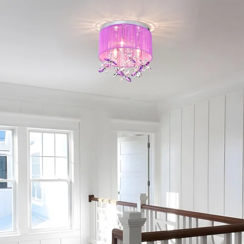 Vista 8 de LaLuLa Candelabro de cristal morado para dormitorio de niñas, lámpara de techo E12 de 3 luces, pantalla de cuerda de algodón hecha a mano, elegante