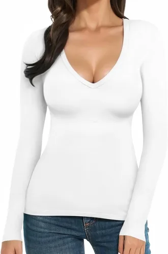 Vista 4 de MANGOPOP Camiseta de manga larga con cuello en V para mujer, ajustada, camiseta tipo túnica
