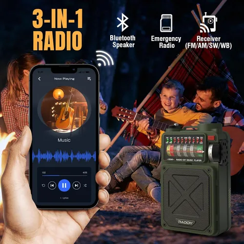 Vista 2 de Raddy RE40 Radio portátil de onda corta FM/AM/SW/WB, radio de emergencia retro de 4000 mAh con alertas BT/USB/TF y NOAA, radio de bolsillo con USB-C