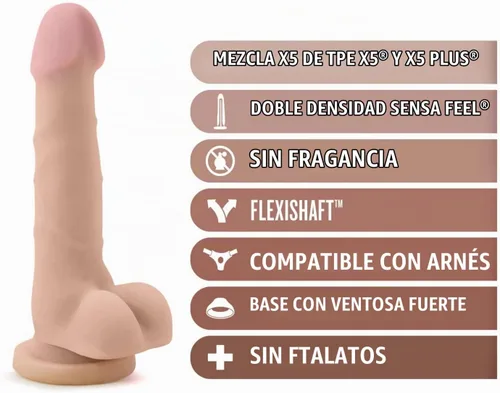 Vista 2 de Blush Au Naturel Sam - Consolador realista de 7.5 pulgadas con bolas, polla SensaFeel de doble densidad, base de ventosa, arnés de eje flexible Beige