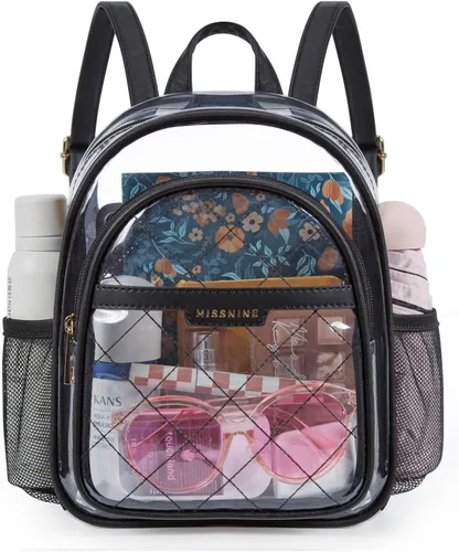 Vista 22 de Missnine Mochila transparente aprobada para estadios, mini bolsa transparente de PVC grueso con ribete de cuero para eventos deportivos, conciertos