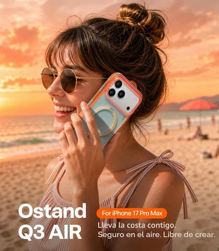 Vista 8 de TORRAS Ostand Q3 Air - Funda para iPhone 17 Pro con soporte magnético de 360°, compatible con MagSafe, probada contra caídas de grado mil, botón