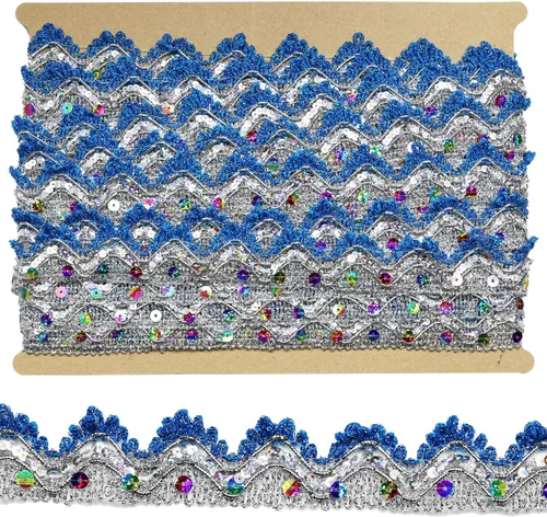 Vista 7 de Cinta larga de 14 yardas de ancho, 1.378 in/1.37 pulgadas, color oro azul con lentejuelas doradas, adorno de encaje decorado para manualidades, tela