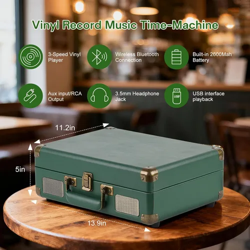 Vista 2 de Tocadiscos portátil con conexión Bluetooth, reproducción USB y batería recargable incorporada, tocadiscos de 3 velocidades, diseño de maleta