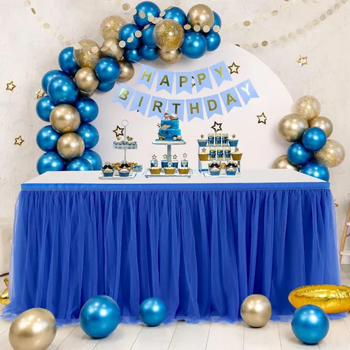 Vista 12 de Suppromo Pack de 2 faldas de mesa de tul azul de 6 pies para mesas rectangulares o redondas, mantel de tul azul para baby shower, cumpleaños