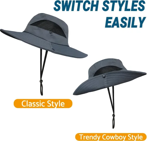 Vista 3 de NPQQUAN Sun Hats for Men Women Wide Brim UPF 50+ UV Protection Bucket Hat Gris oscuro (con malla)
