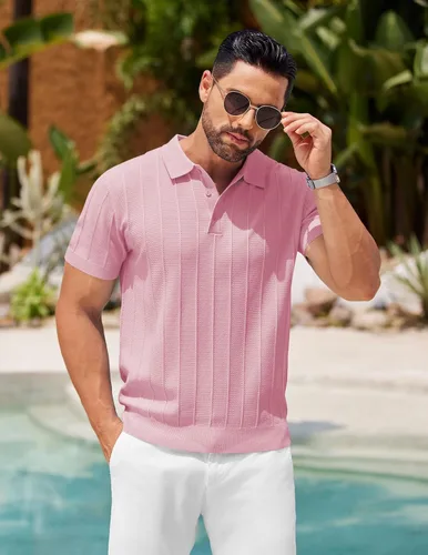 Vista 73 de COOFANDY Camisas polo de punto para hombre de manga corta con textura acanalada Camisas de golf casuales y ligeras con cuello Camiseta de polo