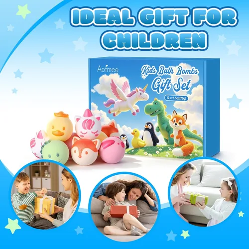 Vista 9 de Aofmee Bombas de baño para niños, 12 bombas de baño para niños con aceite esencial, 6 formas de animales y aroma afrutado, juego de regalo de spa