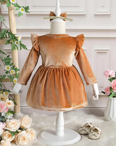 Vista 5 de Kucnuzki Vestido de terciopelo para niña pequeña, vestido de terciopelo sólido para niña, vestido de princesa casual para fiesta de otoño