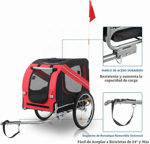 Vista 7 de PEXMOR Remolque de bicicleta para perros, carrito plegable para mascotas, carrito de remolque para bicicleta, carrito de carga con enganche