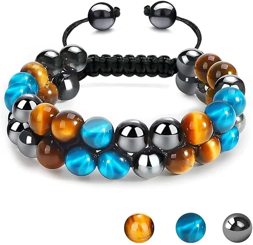Vista 15 de MIDON - Pulsera de ojo de tigre, pulsera de triple protección para hombres y mujeres, hecha a mano, cuentas de ojo de tigre, hematita y obsidiana