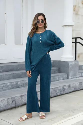 Vista 3 de Conjunto de 2 piezas para mujer, sudadera de gran tamaño con botones y pantalones de descanso a juego