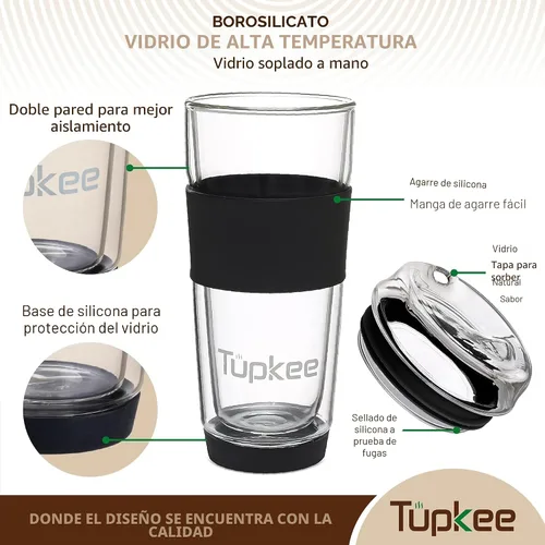 Vista 2 de Vaso de vidrio de doble pared, 14 onzas, todo de vidrio, reutilizable, aislado, taza de té/café con tapa, soplado a mano, taza de viaje, color negro