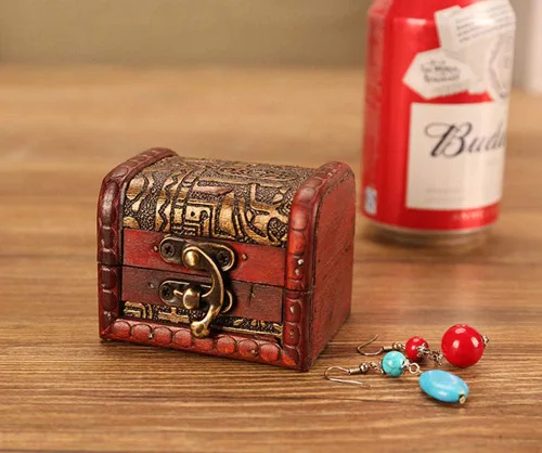 Vista 6 de OBTANIM Cajas de joyería pequeñas vintage, caja de almacenamiento de madera hecha a mano de 3 pulgadas con cerradura de metal, caja de regalo