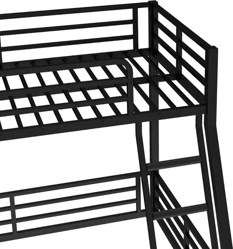 Vista 6 de Litera de metal resistente de tamaño individual sobre matrimonial, con escalera integrada y barandilla de seguridad para niños, adolescentes