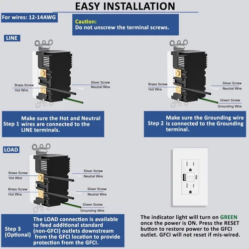 Vista 6 de Toma GFCI de 15 amperios con puertos de carga USB de 4.8 A/24 W tipo A y tipo C, autocomprobación, indicador LED, resistente a manipulaciones