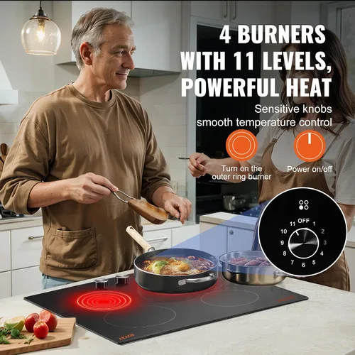 Vista 6 de VEVOR Placa de cocina eléctrica de cerámica, estufa eléctrica empotrada, con panel de vidrio, control de perilla, 11 niveles de calor, para diversos