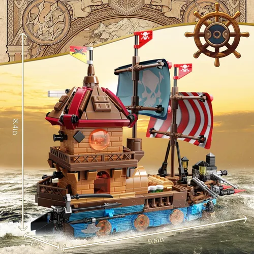 Vista 5 de Vziimo Juegos de construcción de barcos piratas con luces, modelo creativo de barco, barco pirata, juguetes de construcción para decoración