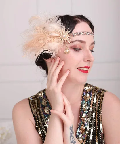 Vista 4 de Aimimier - Diadema de plumas de champán con cadena de diamantes de imitación para mujer y niña