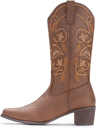 Vista 3 de IUV Botas vaqueras para mujer con punta puntiaguda, botas vaqueras de media pantorrilla
