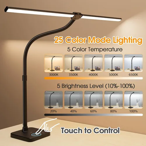 Vista 3 de ShineTech - Lámpara de escritorio LED de 24 W, doble cabezal con carga inalámbrica 25 Lighting Modes, USB Port, Dual Swing Arm, Eye-Caring