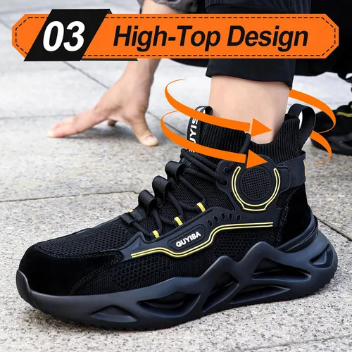 Vista 4 de LAoutun Zapatos de punta de acero para hombre, zapatos de construcción industrial, de corte medio, botas industriales, zapatos de trabajo cómodos