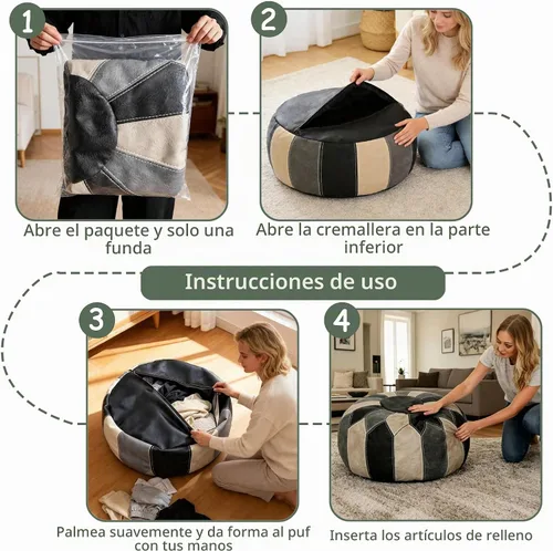 Vista 6 de Thgonwid Funda redonda sin relleno, otomana de almacenamiento de piel sintética, taburete marroquí bohemio, decoración multiusos para el hogar, sala