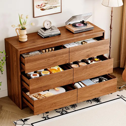 Vista 3 de Chrangmay Cómoda de 6 cajones, cómoda de mediados de siglo de 47 pulgadas de ancho, cómoda de madera con 6 cajones de almacenamiento
