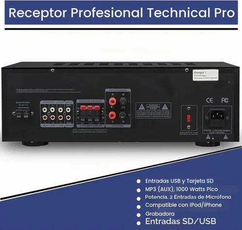 Vista 3 de Receptor estéreo casero profesional de 1000 vatios con entradas de tarjeta