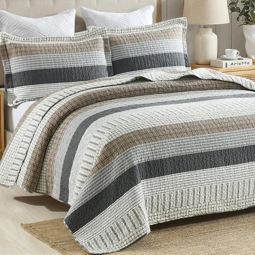 Vista 10 de Finlonte Edredón tamaño King, 100 % algodón, juegos de colcha tamaño King, colchas a cuadros azules, beige y blancas, ligeras, suaves