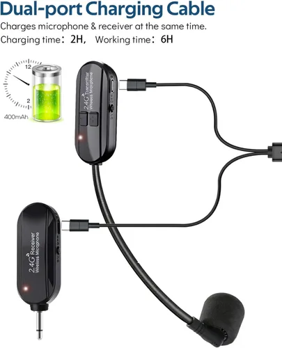 Vista 4 de Auriculares inalámbricos con micrófono inalámbrico 2.4G y de mano 2 en 1 recargables para amplificador de voz, altavoces de escenario, profesor