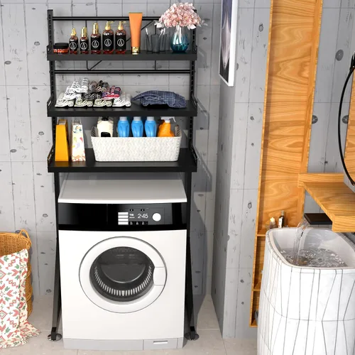 Vista 2 de Estante de almacenamiento para lavadora de 3 niveles de altura ajustable, organizador de almacenamiento grande para baño para ahorrar espacio (negro)